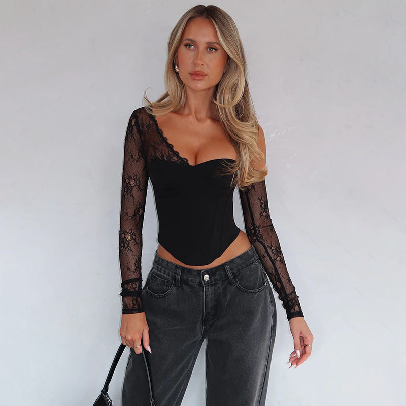 Women’s Black Asymmetric Lace One Shoulder Top