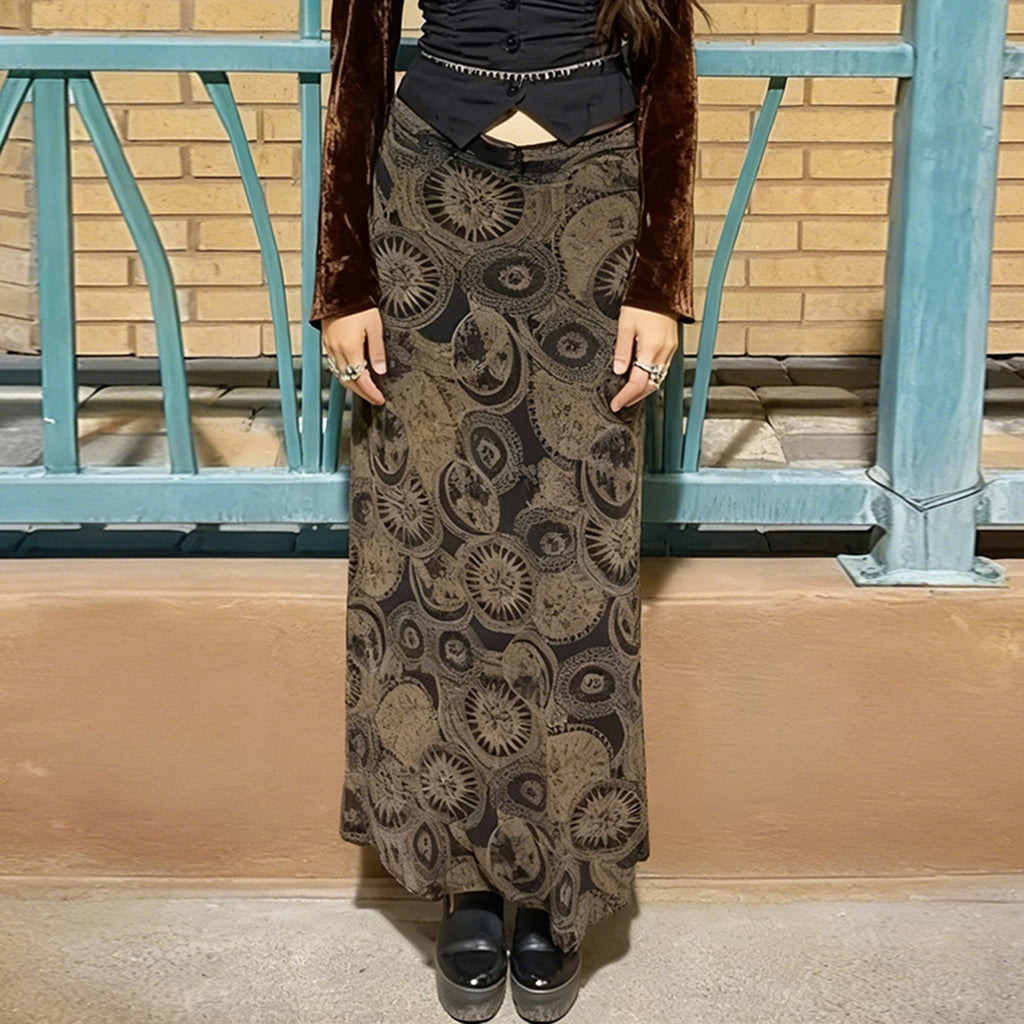 Ethnic Print Distressed Retro High Waist Cover Spring Skirt