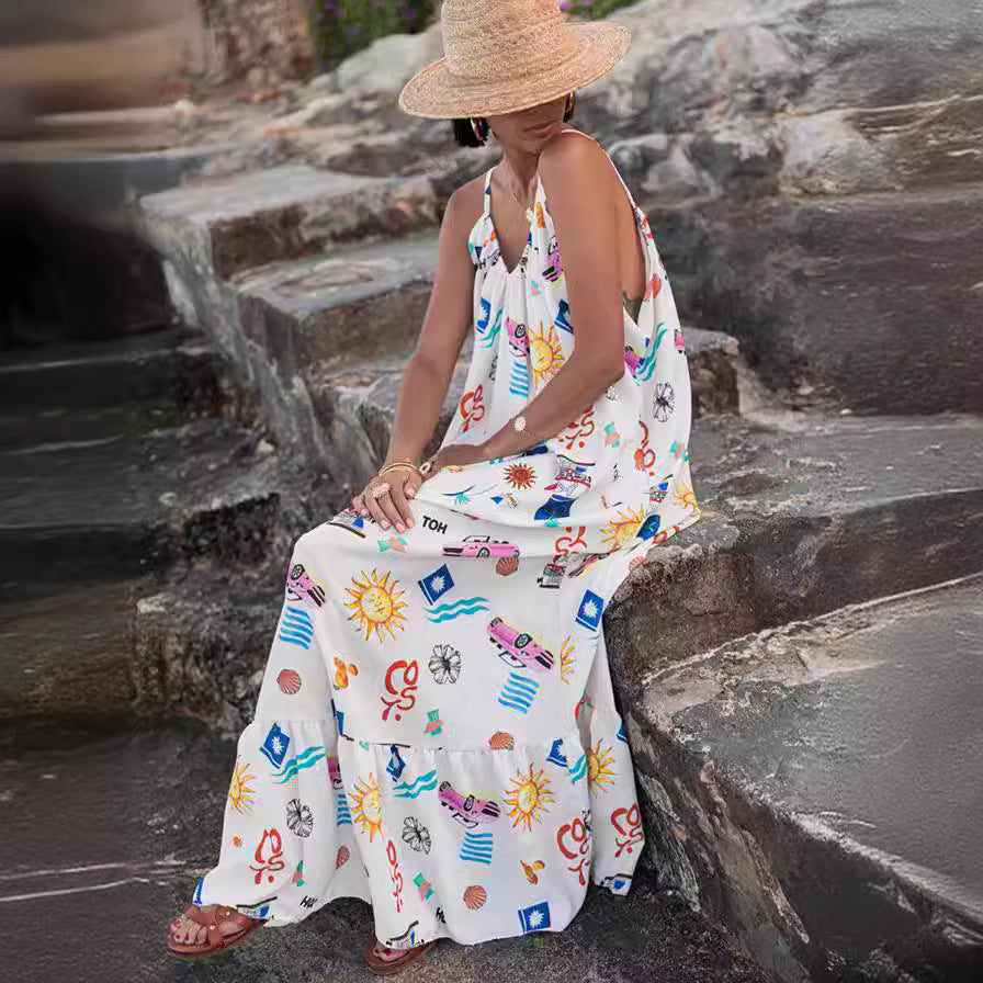 Strappy Print Holiday Loose Dress