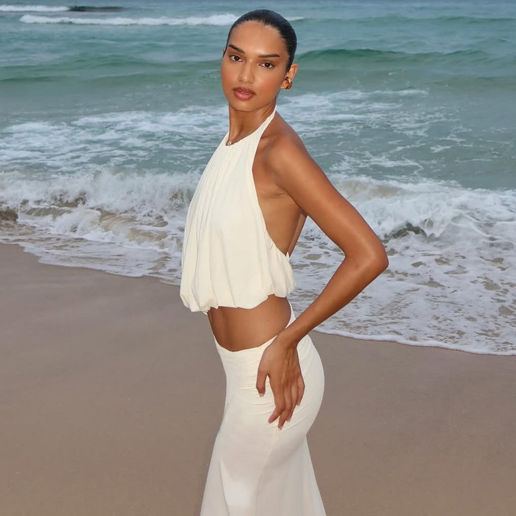 Summer Women Clothing Halter Backless Solid Color Vest Slim Sexy Split Maxi Skirt Set