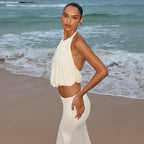 Summer Women Clothing Halter Backless Solid Color Vest Slim Sexy Split Maxi Skirt Set