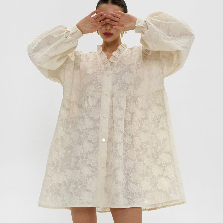 Women's Jacquard Puff-Sleeve Shirt Dress