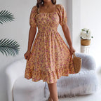 Spring Summer Floral Square Collar Short Sleeve Waist Controlled Ruffled A-Line Wo