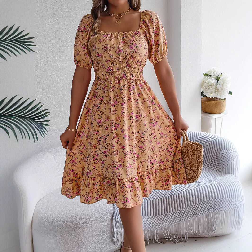 Spring Summer Floral Square Collar Short Sleeve Waist Controlled Ruffled A-Line Wo