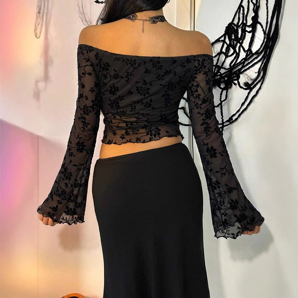Black Floral Mesh Off-Shoulder Flare Sleeve Top