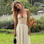 Women's Halter Deep V Lace-Trim A-Line Midi Dress