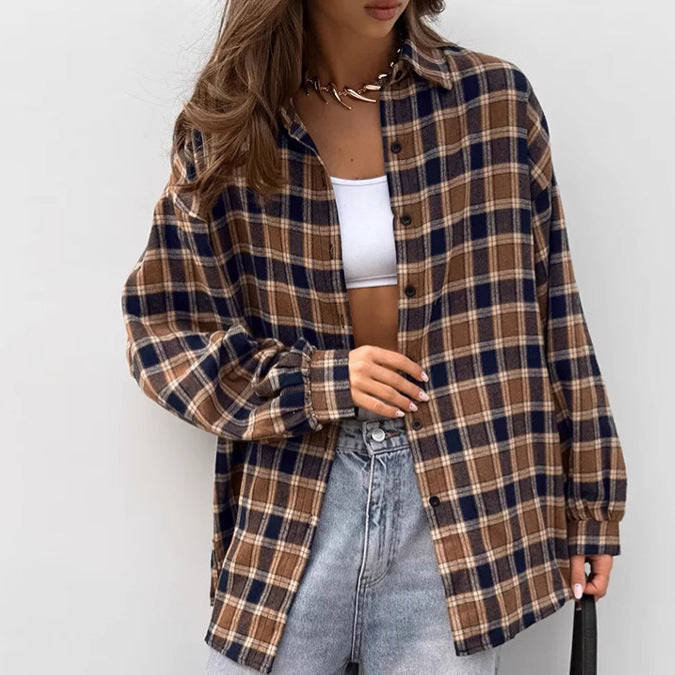 Women's Brown Plaid Collared Button-Up Shirt