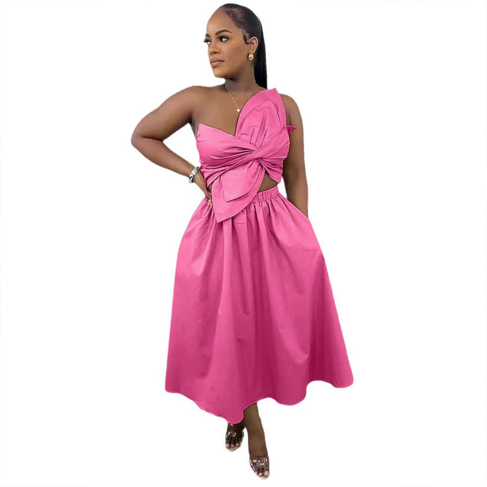 Pink sleeveless midi dress with front draped knot bodice and full skirt
