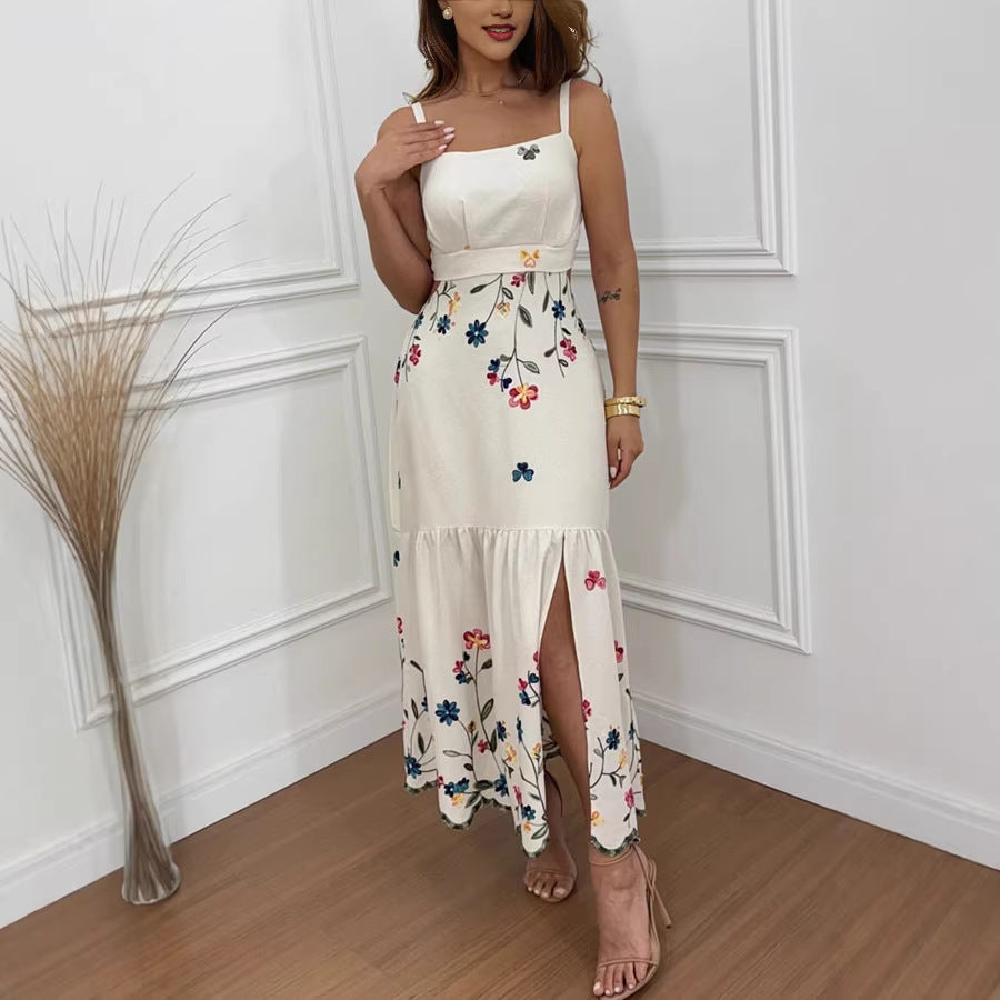 Women's Beige Floral Spaghetti Strap Split Vacation Dress