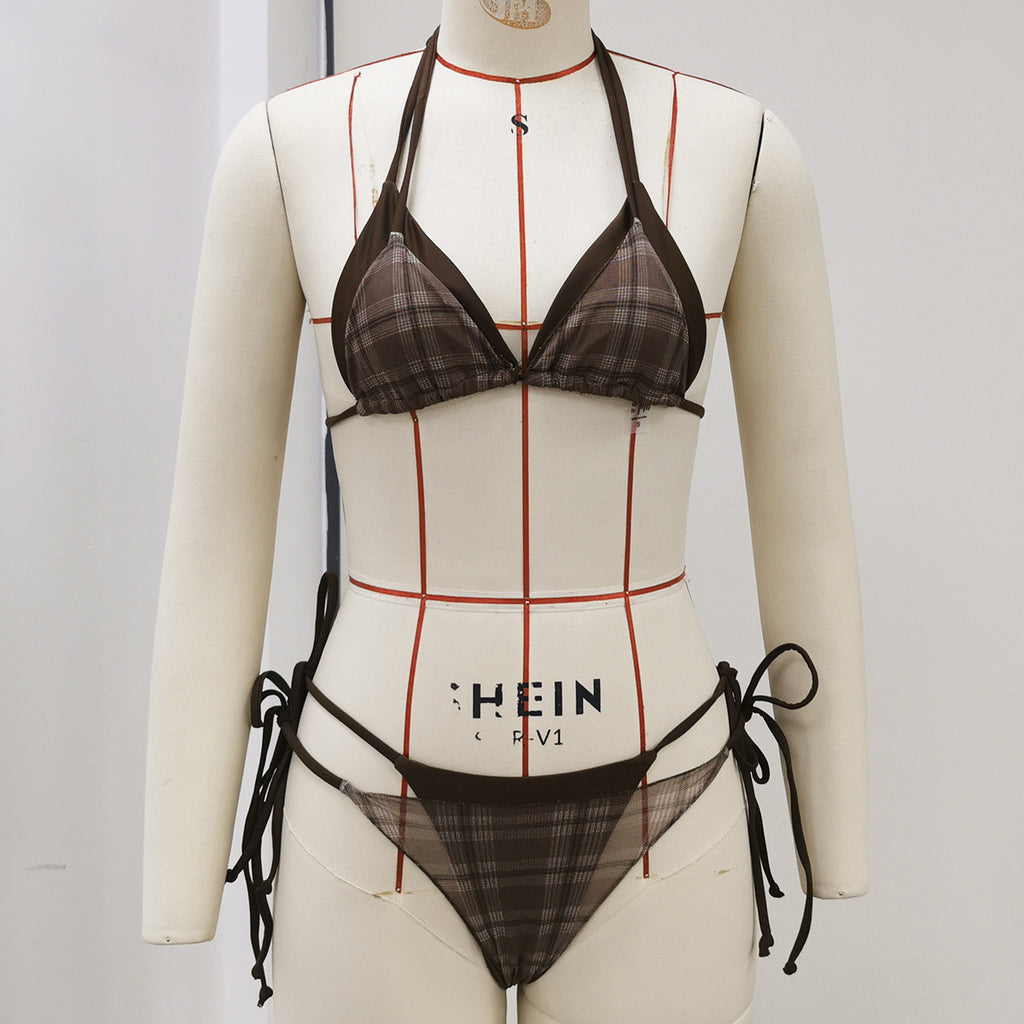 Brown plaid triangle bra and high-waist thong-style swim bottoms with tie sides