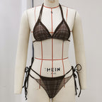Brown plaid triangle bra and high-waist thong-style swim bottoms with tie sides