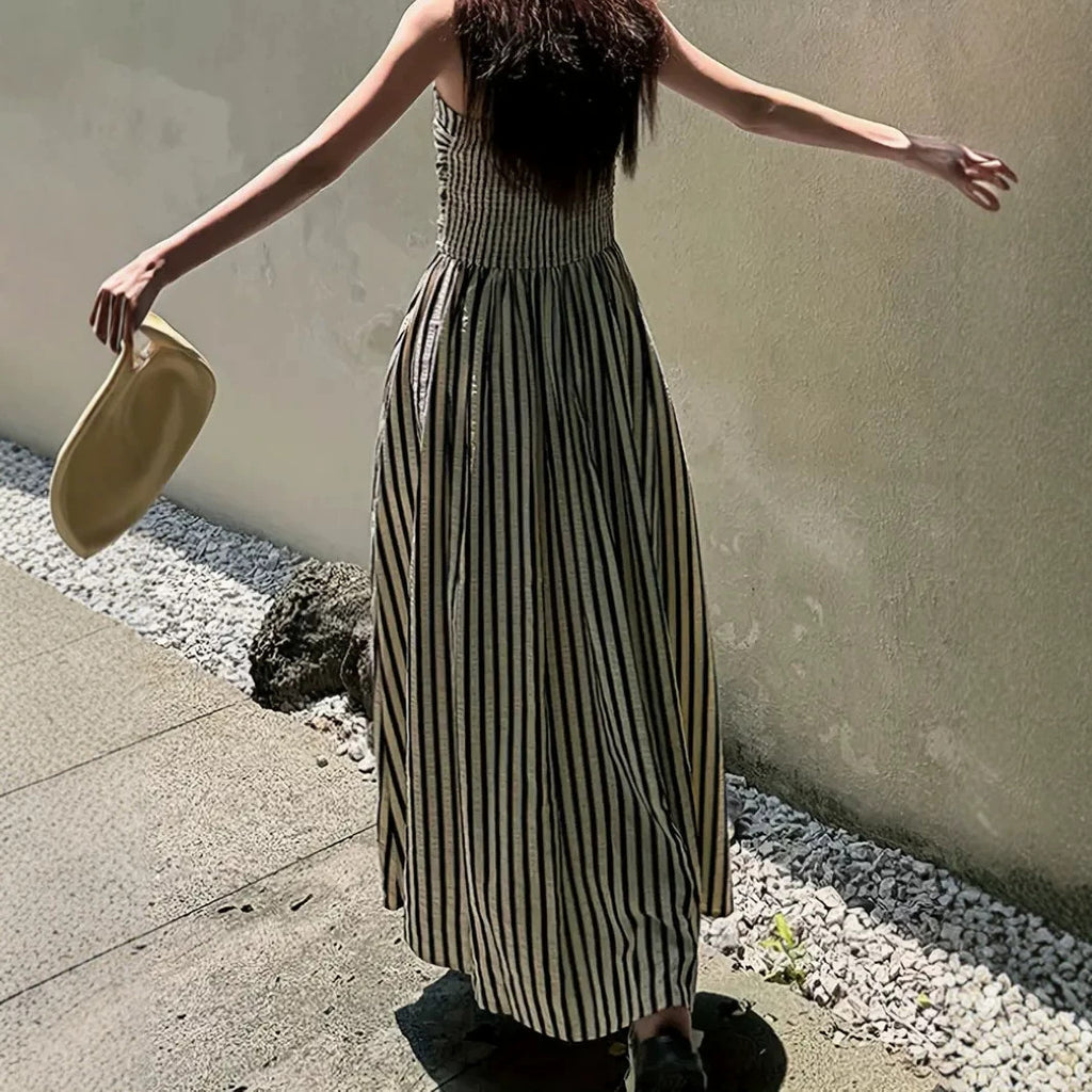 Women's Black and White Striped Pleated Maxi Dress
