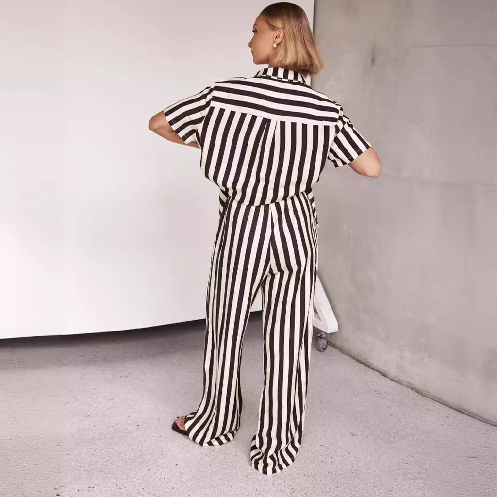Women's Polo Collar Striped Color Matching Short Top