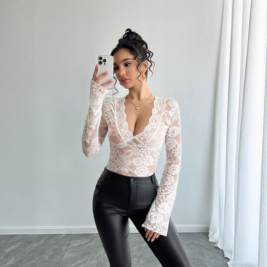 Solid Lace V-Neck Long-Sleeve Top
