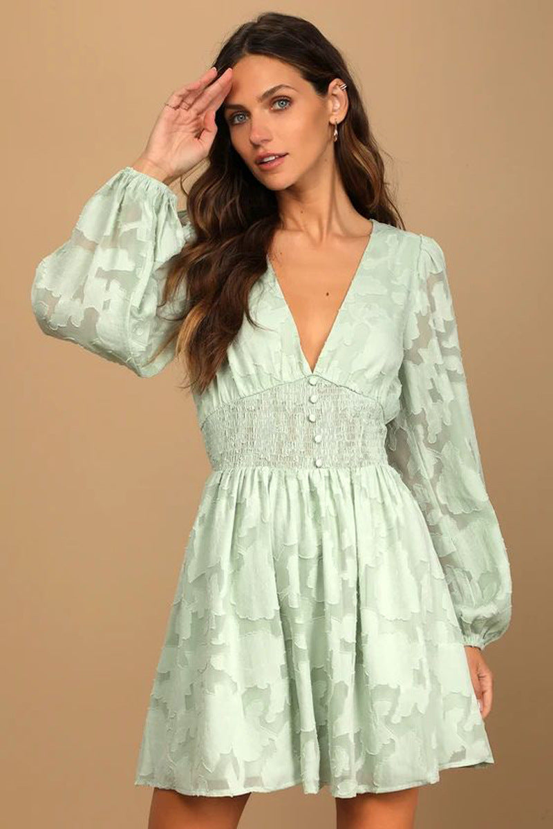 Women's Smocked Chiffon V-Neck Lantern-Sleeve Dress