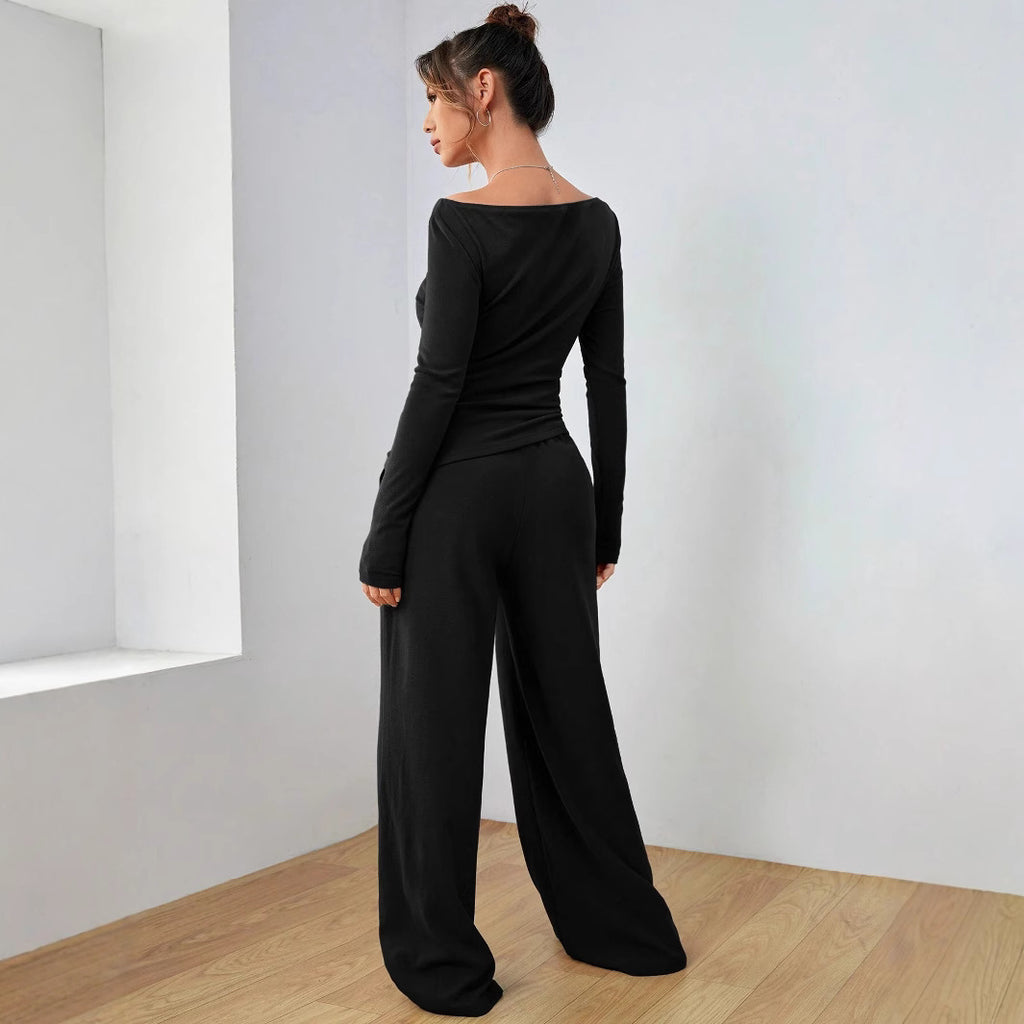 Autumn Winter Solid Color Long-Sleeve Casual Wide Leg Trousers Two-Piece Set