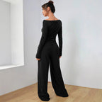 Autumn Winter Solid Color Long-Sleeve Casual Wide Leg Trousers Two-Piece Set