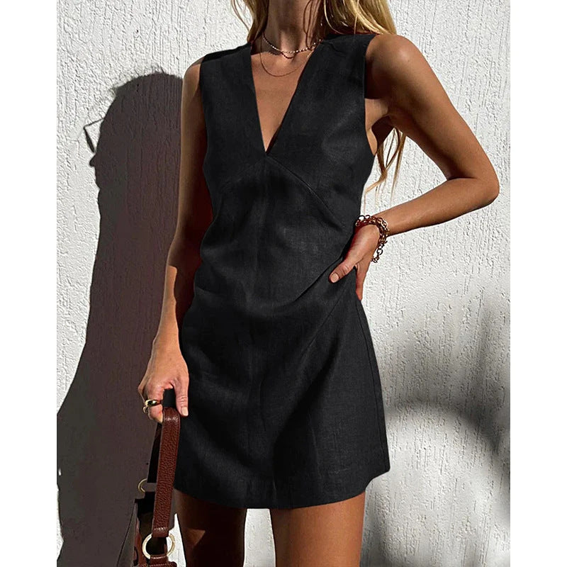 A-Line V-Neck Linen-Blend Dress