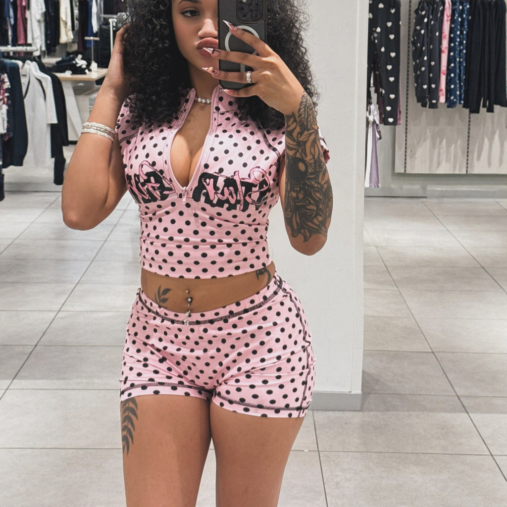 Polka Dot Print Sports Casual Short-Sleeved Top Coat Shorts Two Piece Sets Women Clothing