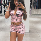 Polka Dot Print Sports Casual Short-Sleeved Top Coat Shorts Two Piece Sets Women Clothing
