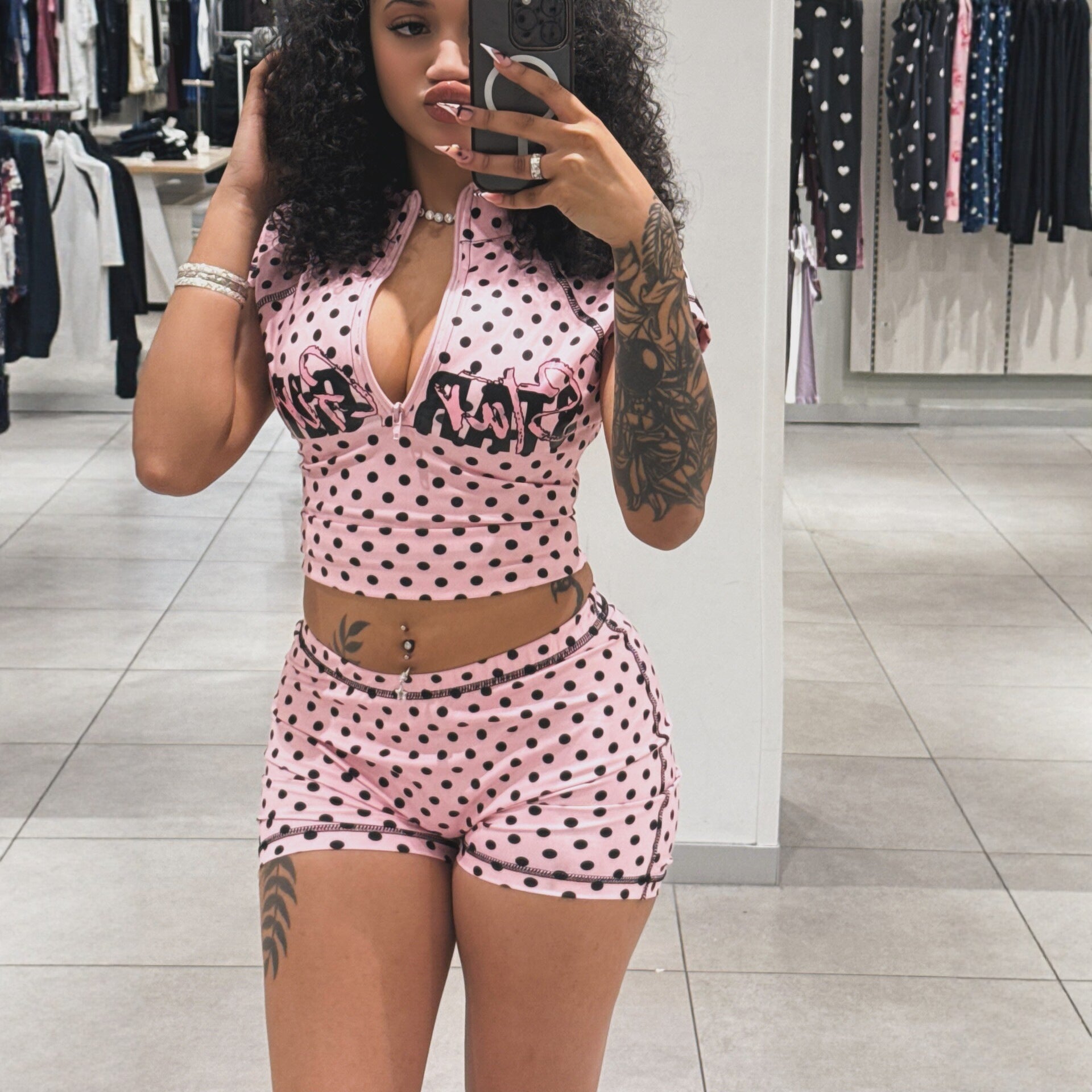 Polka Dot Print Sports Casual Short-Sleeved Top Coat Shorts Two Piece Sets Women Clothing