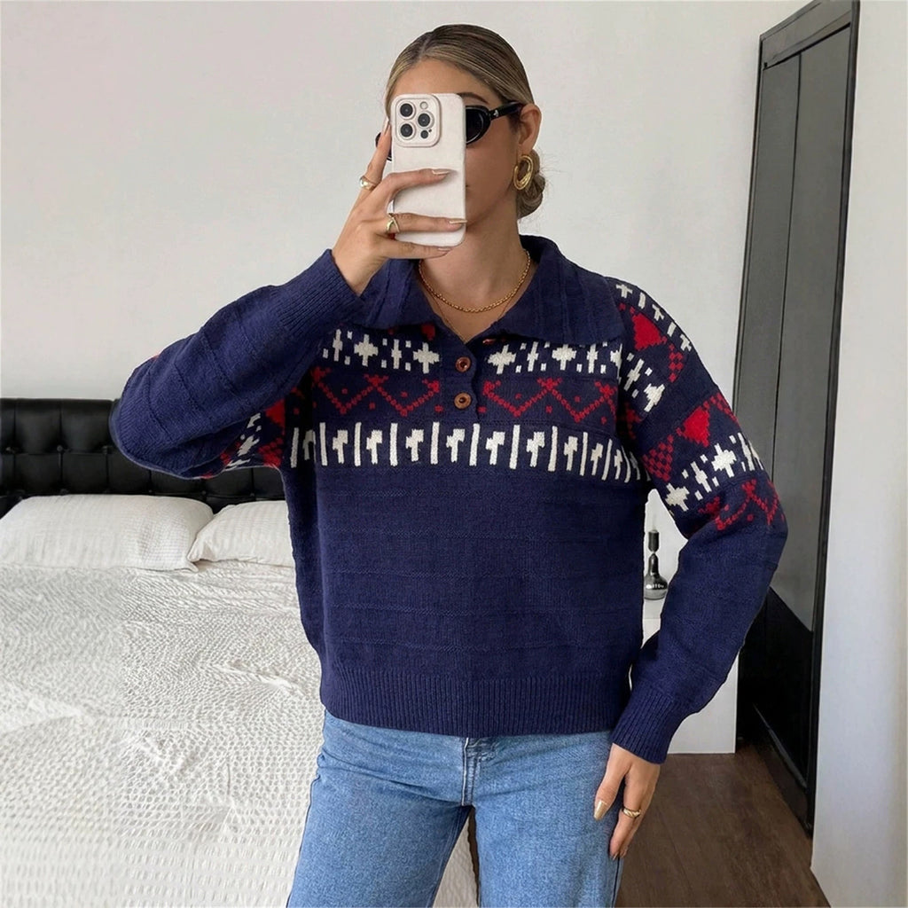 Women's Geometric Jacquard Collared Sweater