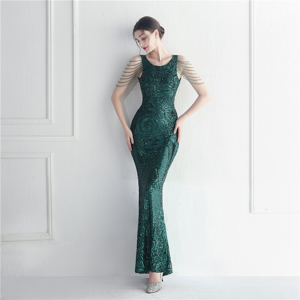 Women's Beaded Floral Sequin Star Wedding Prom Maxi Dress