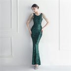 Women's Beaded Floral Sequin Star Wedding Prom Maxi Dress