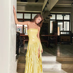Women's French Tight Waist Yellow Strapless Dress Holiday Backless Summer Ruffles Tight Waist