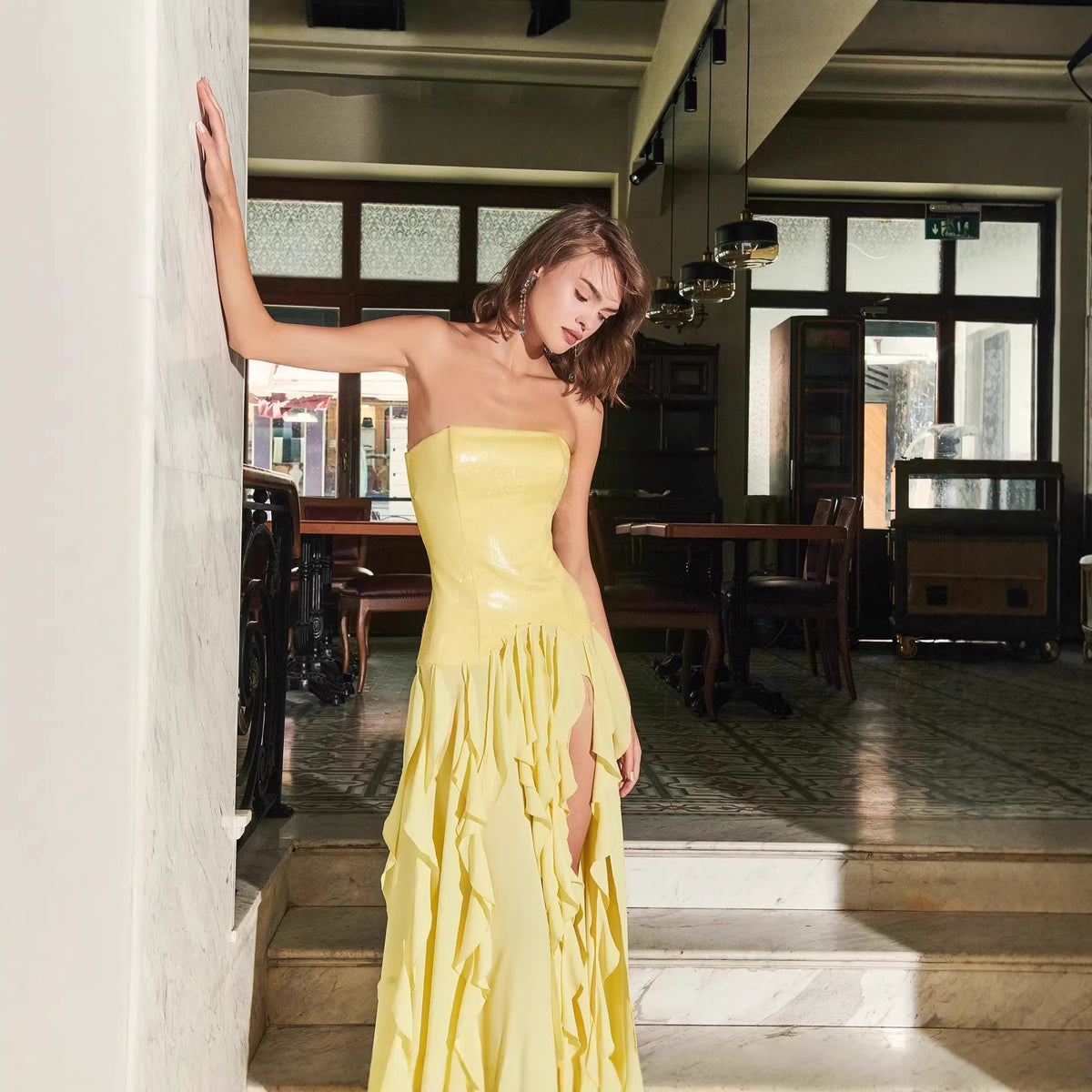 Women's French Tight Waist Yellow Strapless Dress Holiday Backless Summer Ruffles Tight Waist