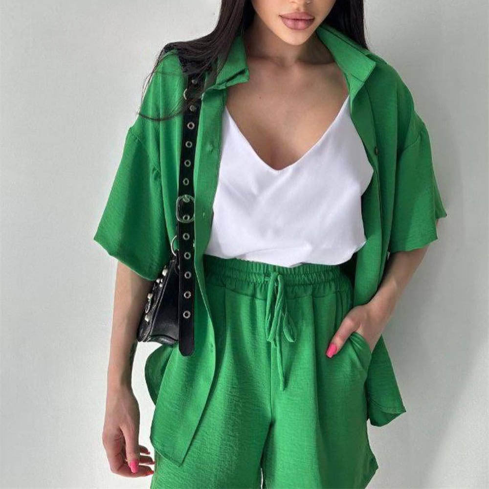 Women's Spring Champray Collared Short-Sleeve Shirt Shorts Suit Loose Casual Vacation Two-Piece Suit