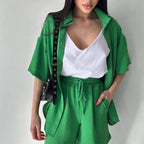 Women's Spring Champray Collared Short-Sleeve Shirt Shorts Suit Loose Casual Vacation Two-Piece Suit