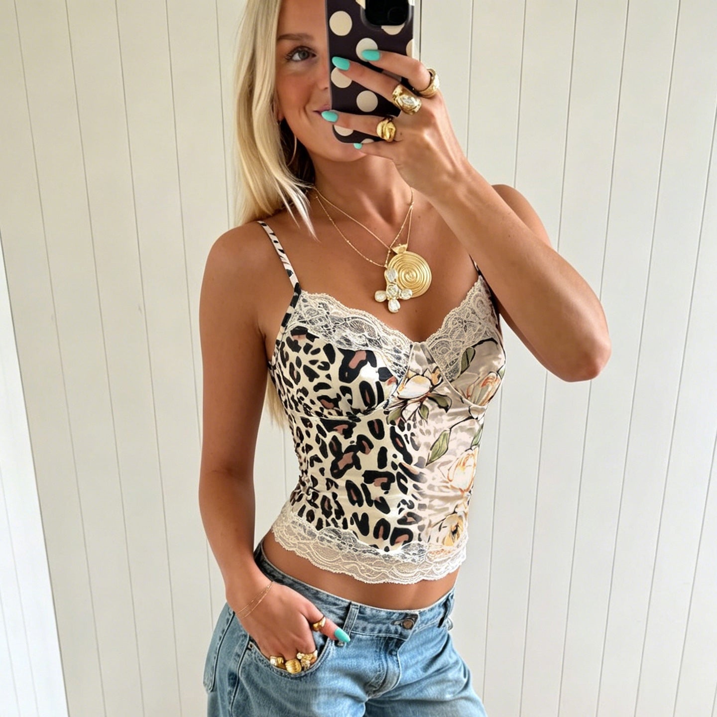 Retro Millennium Lace Stitching Leopard Print Floral Print Sling Sexy Slim V neck Vest for Women