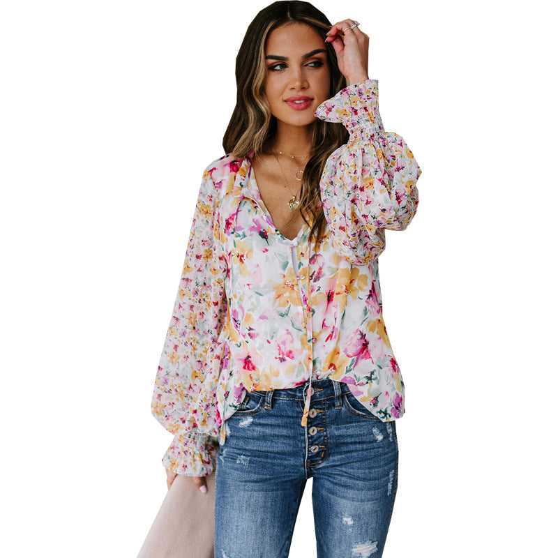 Women's Chiffon Shirt Cardigan Spring Summer Loose Floral Pattern Lantern Sleeve Top For Women