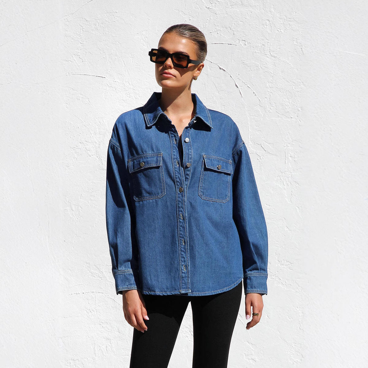 Women's Denim Shirt Double Pocket Loose Shirt