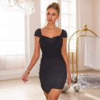V-Neck Mesh Asymmetric Short-Sleeve Bodycon Mini Dress