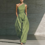 Women Clothing Summer Sleeveless One Shoulder Lace up Waist Controlled Wide Leg Pants Vacation Jumpsuit