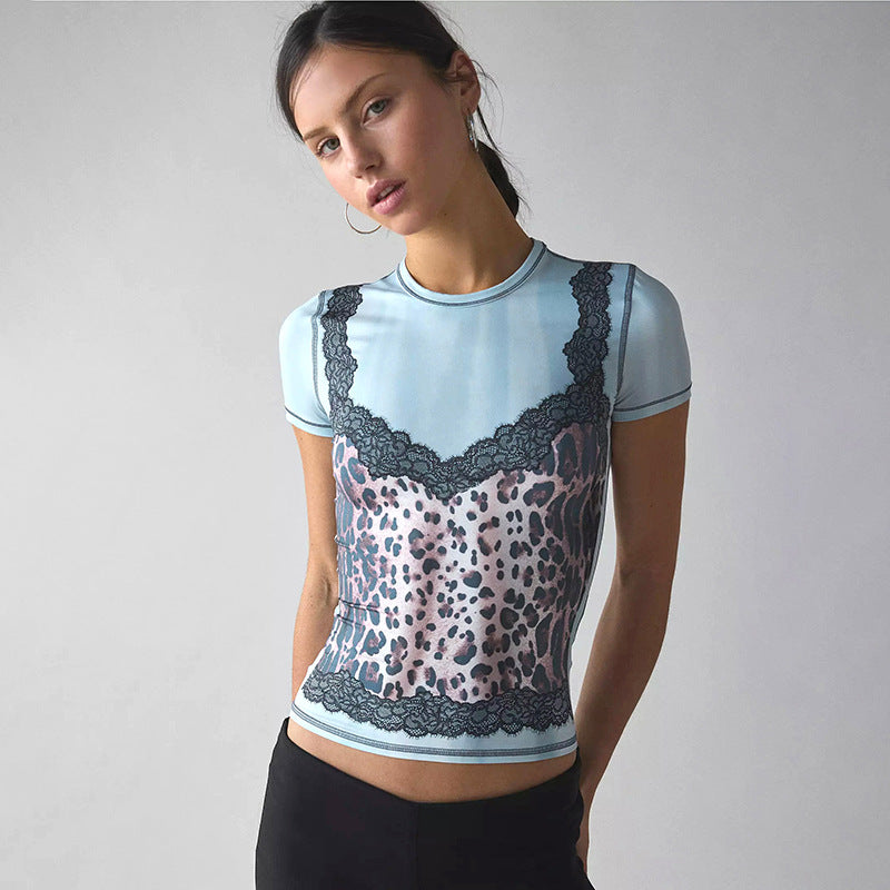 Women’s Blue Leopard Print Lace Top