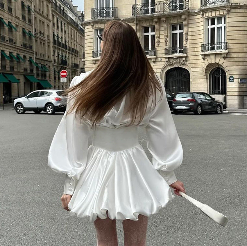 White Satin V-Neck Lantern-Sleeve Dress