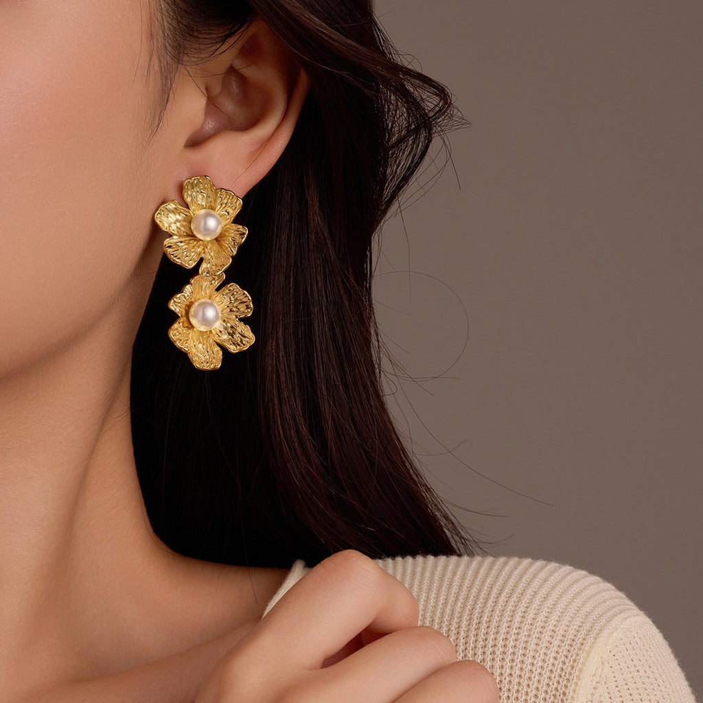 Gold Petal Pearl Earrings