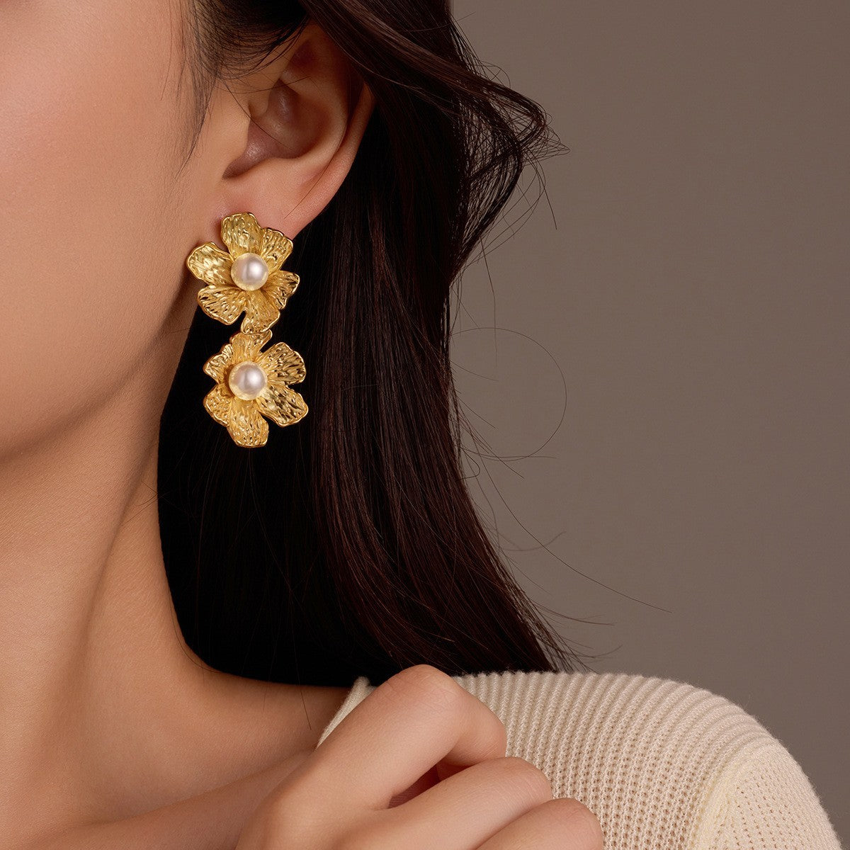 Gold Petal Pearl Earrings