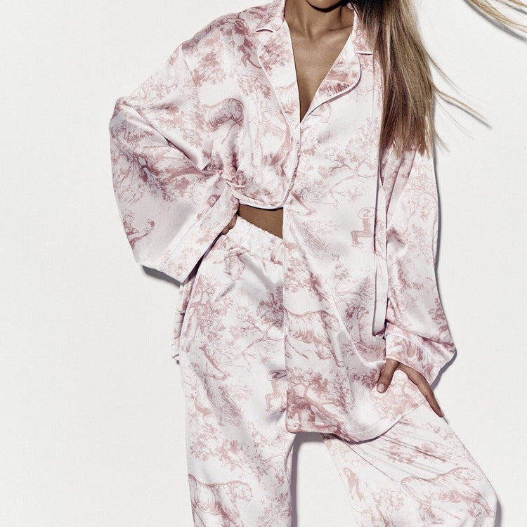 Printing Long Sleeve Collared Cardigan Top Trousers Set