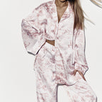 Printing Long Sleeve Collared Cardigan Top Trousers Set