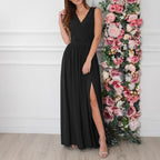 Women's V-Neck Ruched Split Maxi Dress