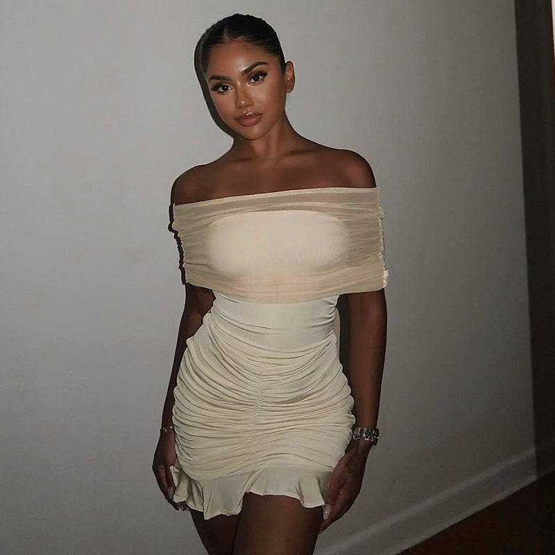Off-Shoulder Mesh Ruffle Bodycon Mini Dress