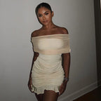 Off-Shoulder Mesh Ruffle Bodycon Mini Dress