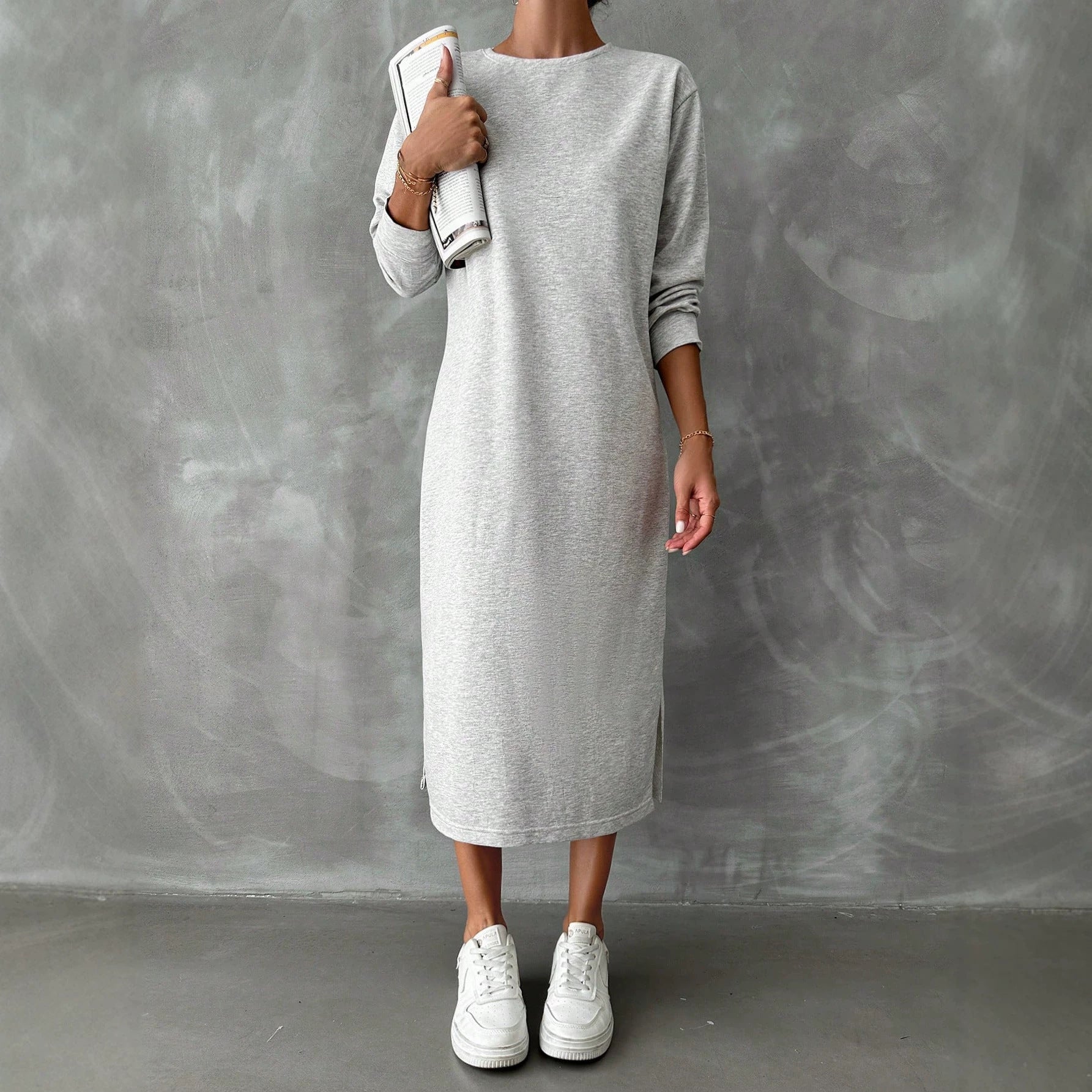 Women's Long Sleeve Crew Neck Midi Sweater Dress