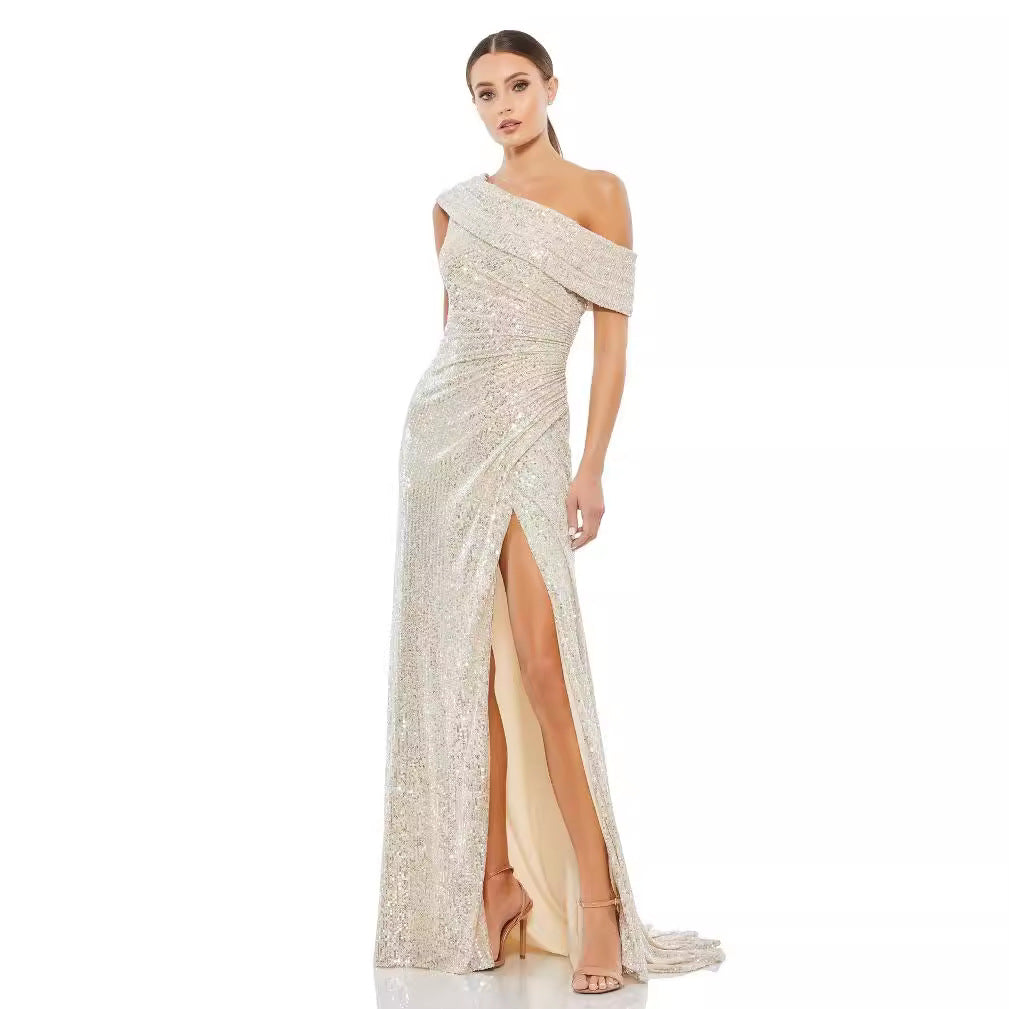 Women's Summer Fashionable Sequ Diagonal Collar High Slit Socialite Dress (4 Colors)