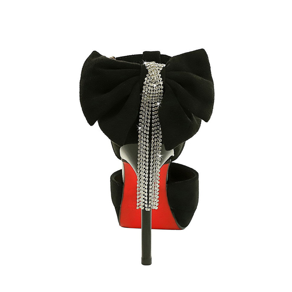 Women's Black Platform Pointed-Toe Buckle Sandals With Rhinestone Bow