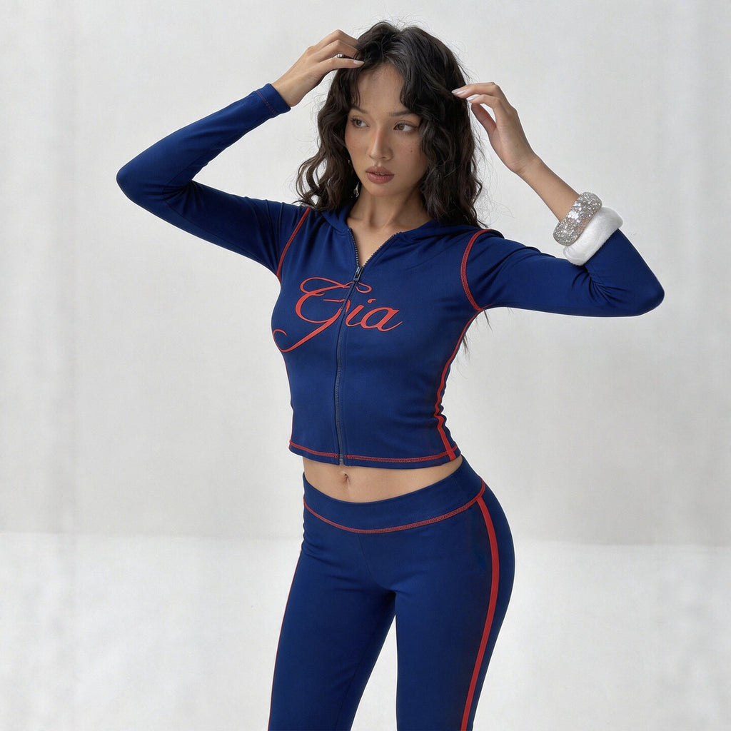 Early Autumn Printed Slim Fit Stretch Hooded Sports Jacket Trousers Two Piece Sets